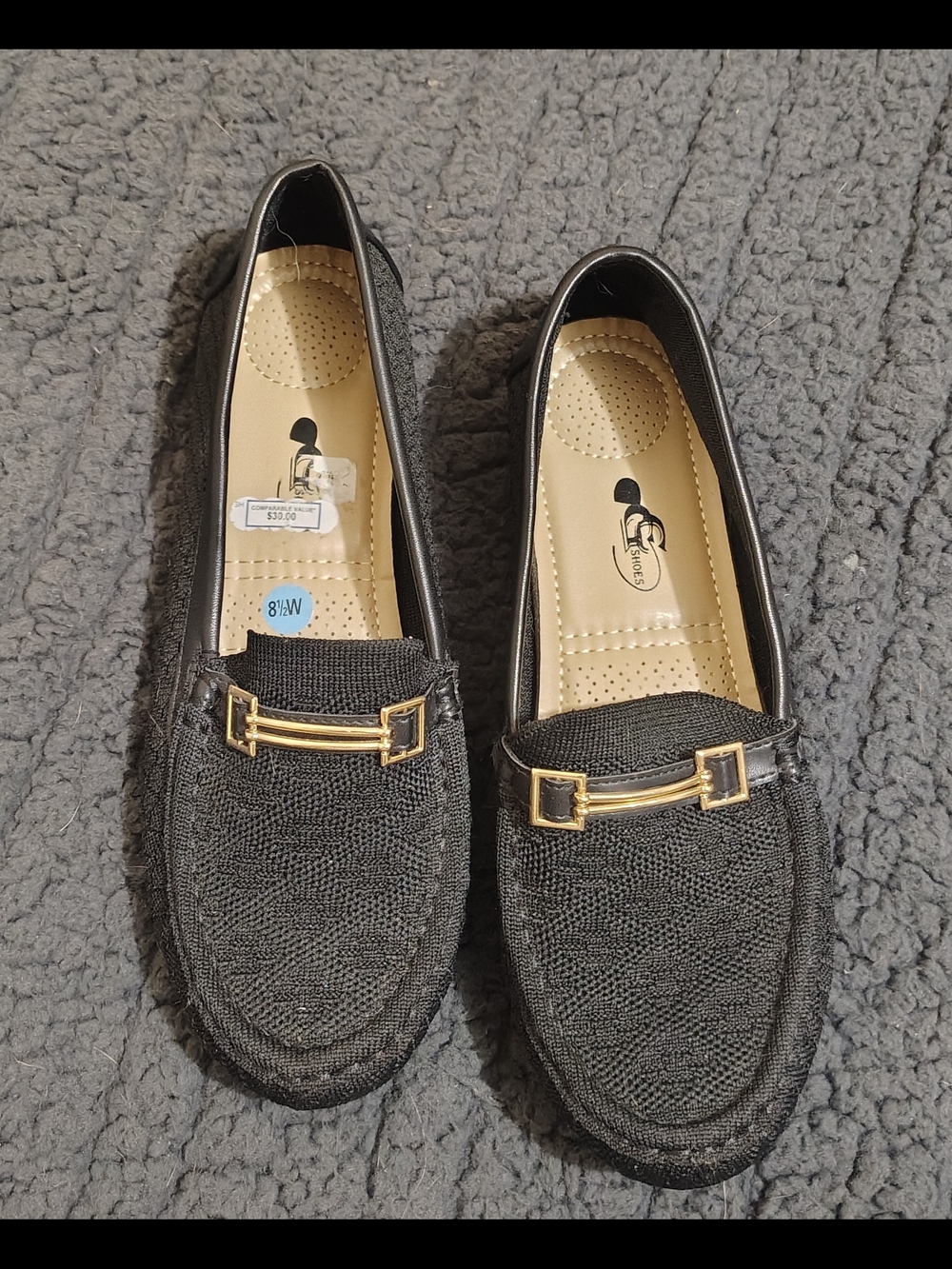 Black Women’s Loafers with Gold Bar Accent
